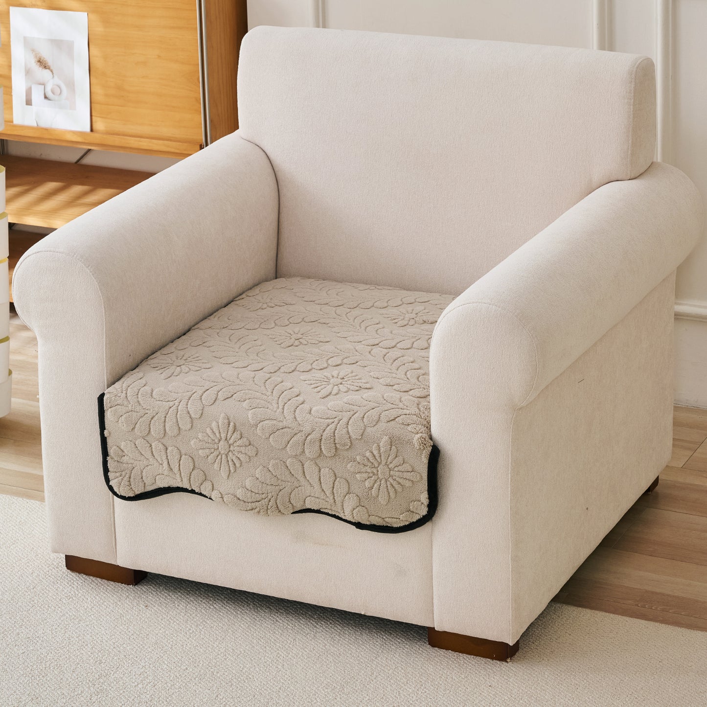 Embossed Floral Jacquard Anti-Slip Sofa Cover Mat, 'Wavy Petal Crest Series' Soft Brown