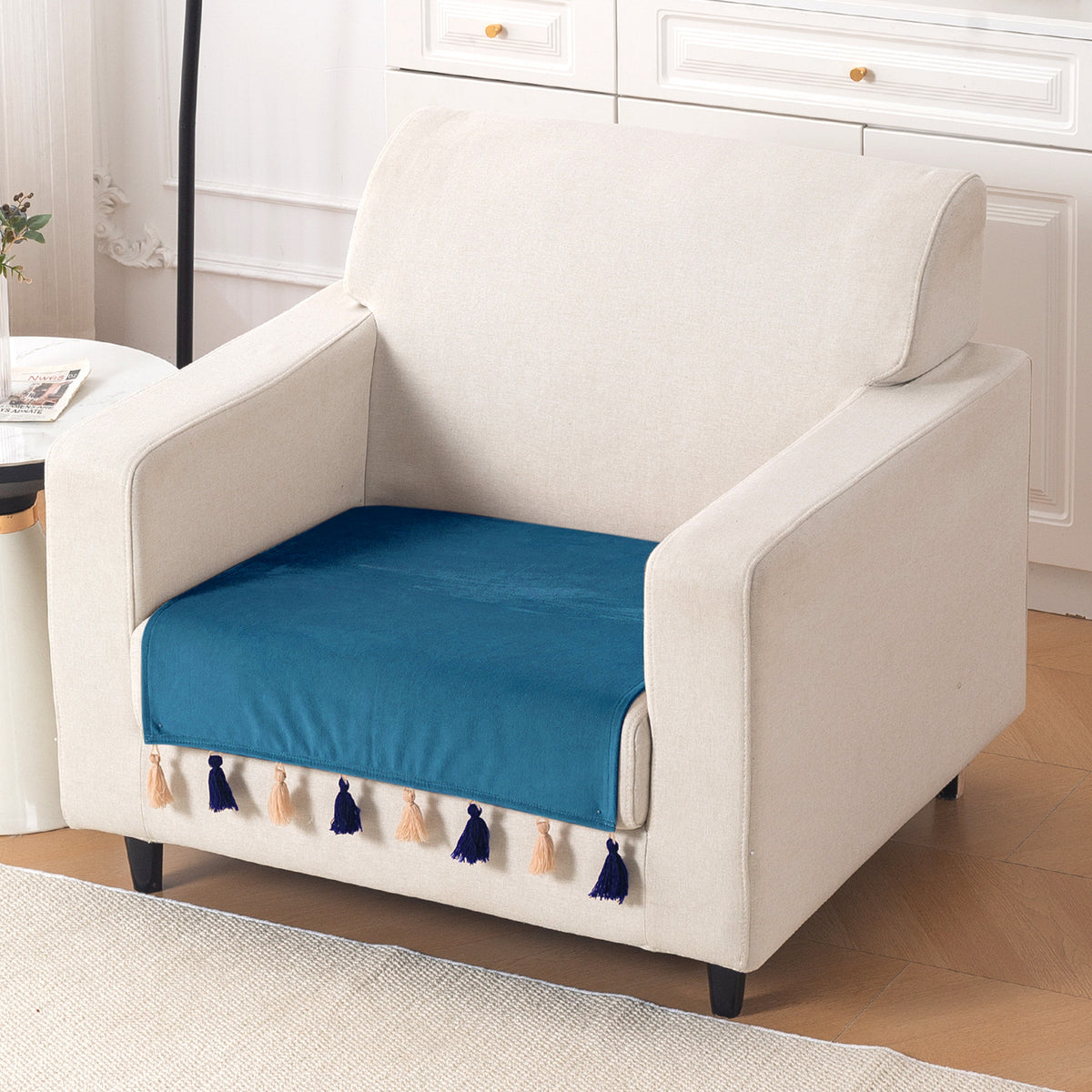 Tassel Tone Holland Velvet Sofa Cover Mat, Sea Blue
