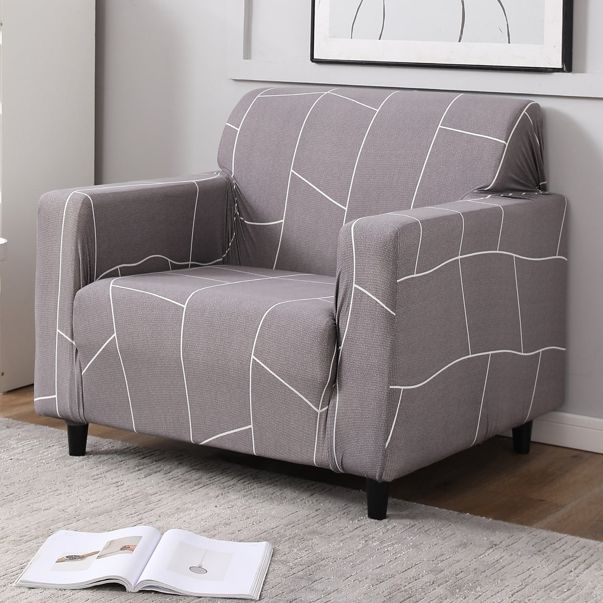 Ash Grey Abstract stretchable single sofa cover​
