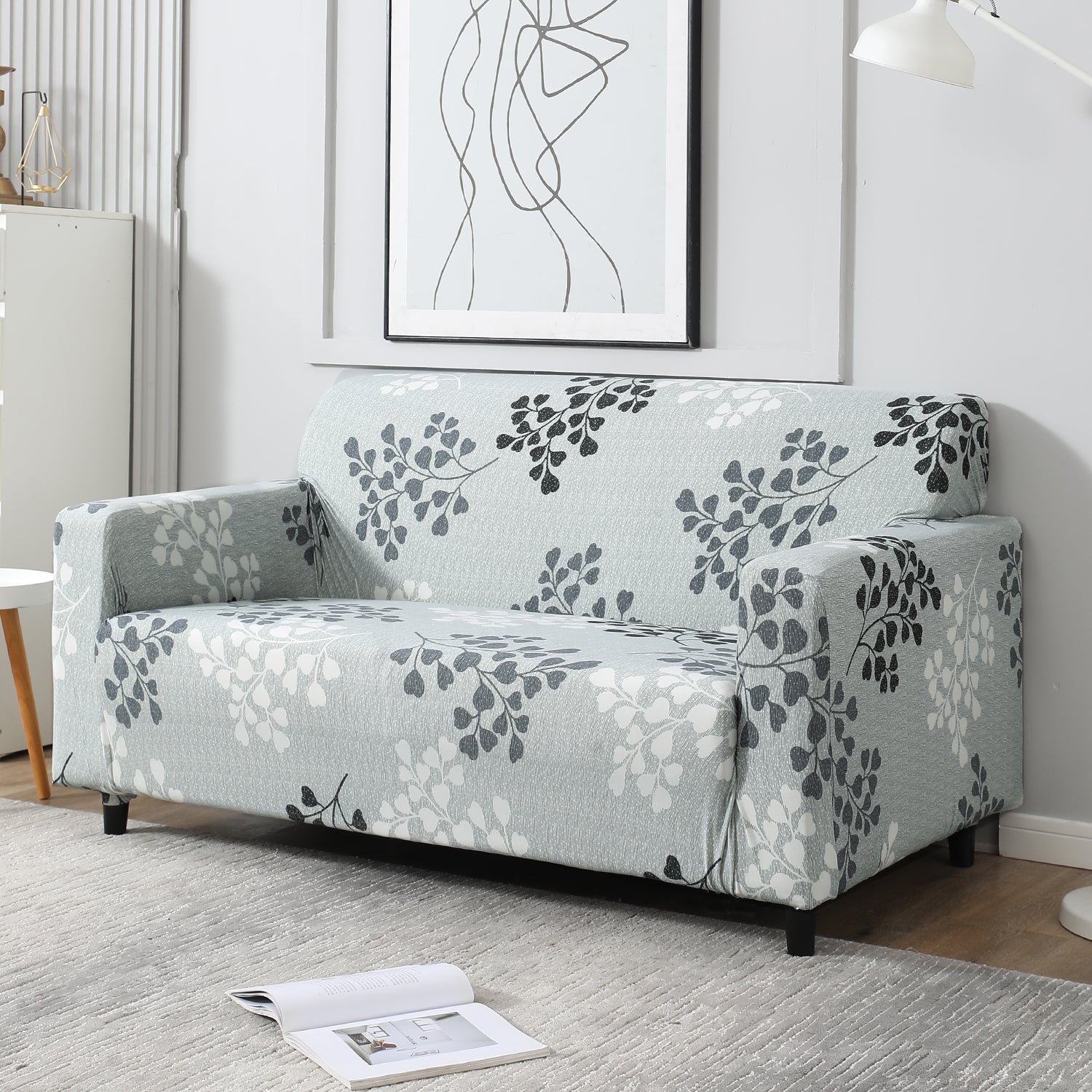 Grey Leaves Printed non slip elastic 2 seater sofa cover 