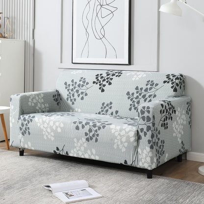 Grey Leaves Printed non slip elastic 2 seater sofa cover 