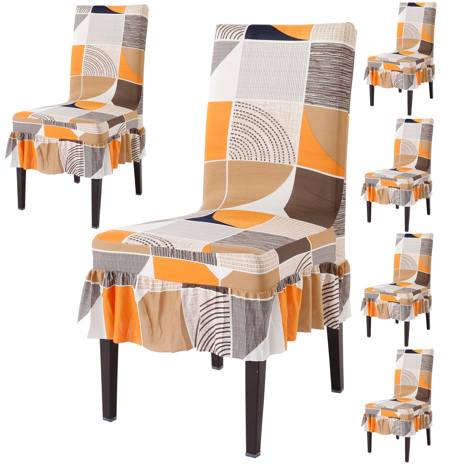 Elastic Stretchable Dining Chair Cover with Frill, Square Abstract