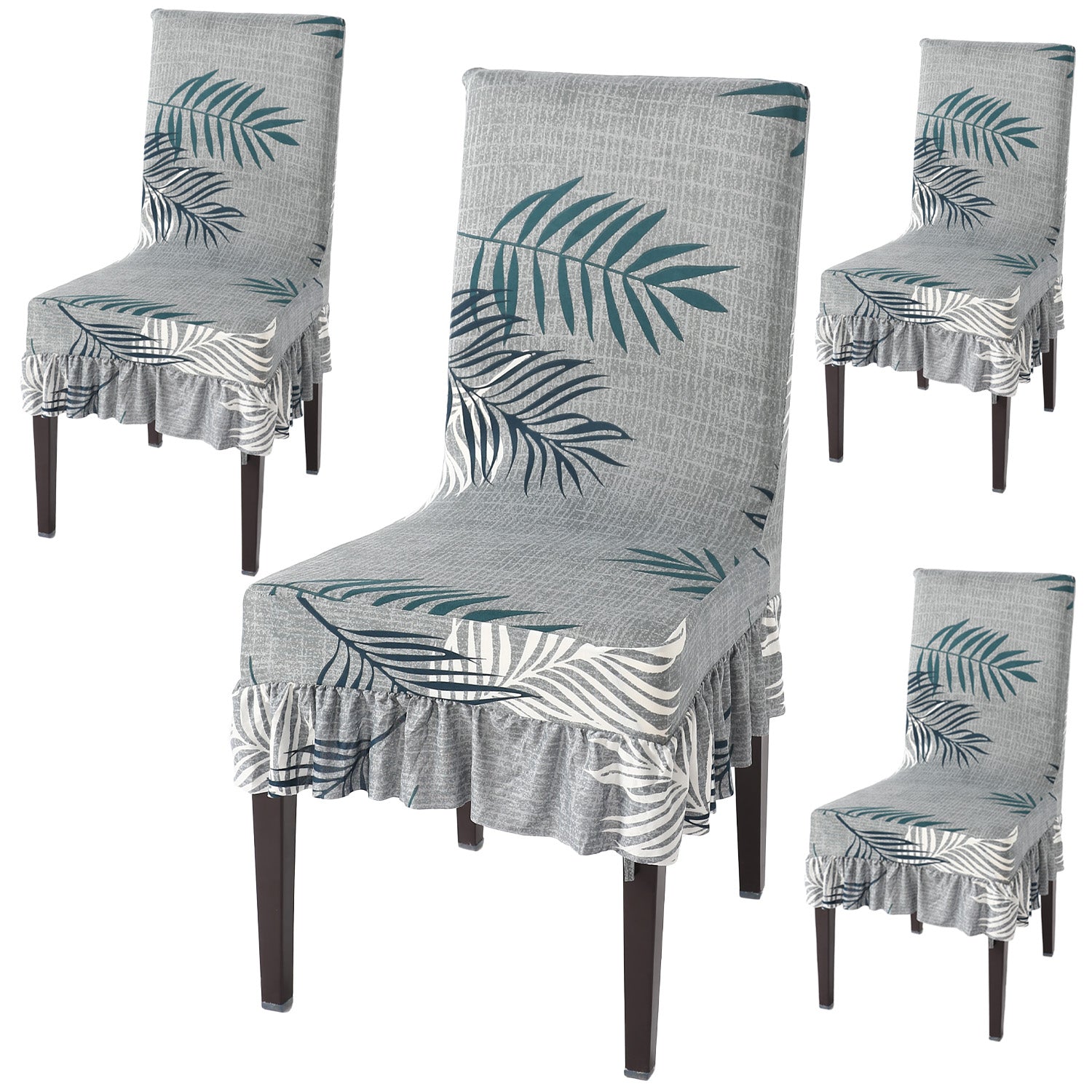 Elastic Stretchable Dining Chair Cover with Frill, Grey Leaves
