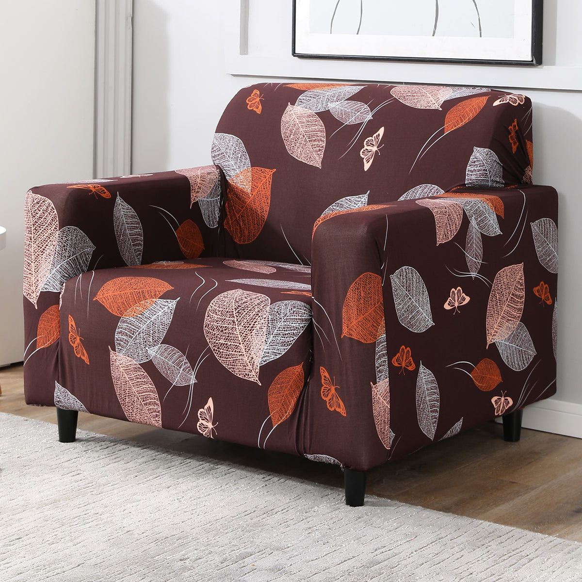 Dark Brown Leaf stretchable single sofa cover​