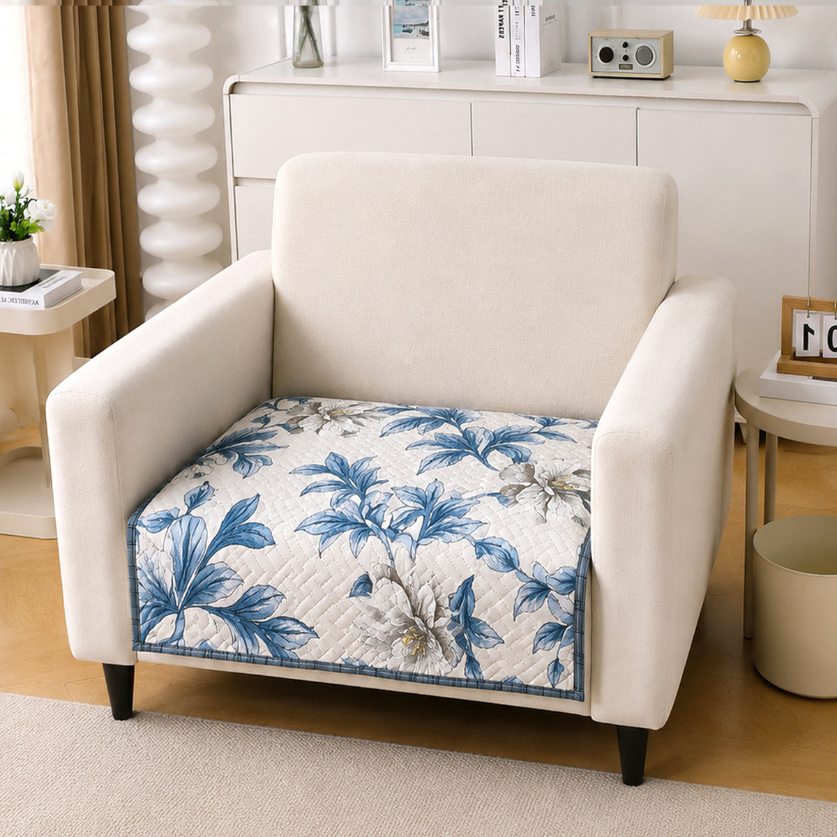 'Homehues' Printed Quilted Sofa Cover Mats, Celadon Blue Camellia