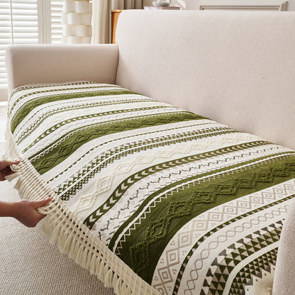 Nordic Boho Geometric Sofa Cover Mat with Tassel, 'Nordic Tassel Series'  Olive Meadow