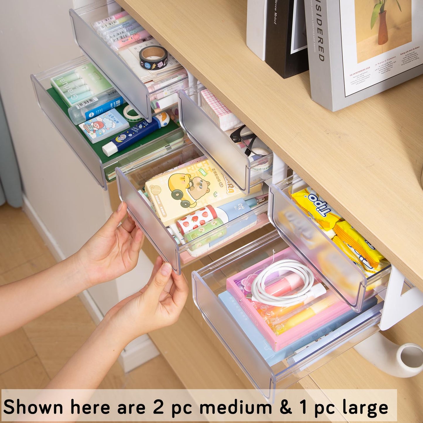2-Tier Drawer for Under Table/Wardrobe. Self Adhesive, Easy Installation. Innovative Desk Organizer, MEDIUM