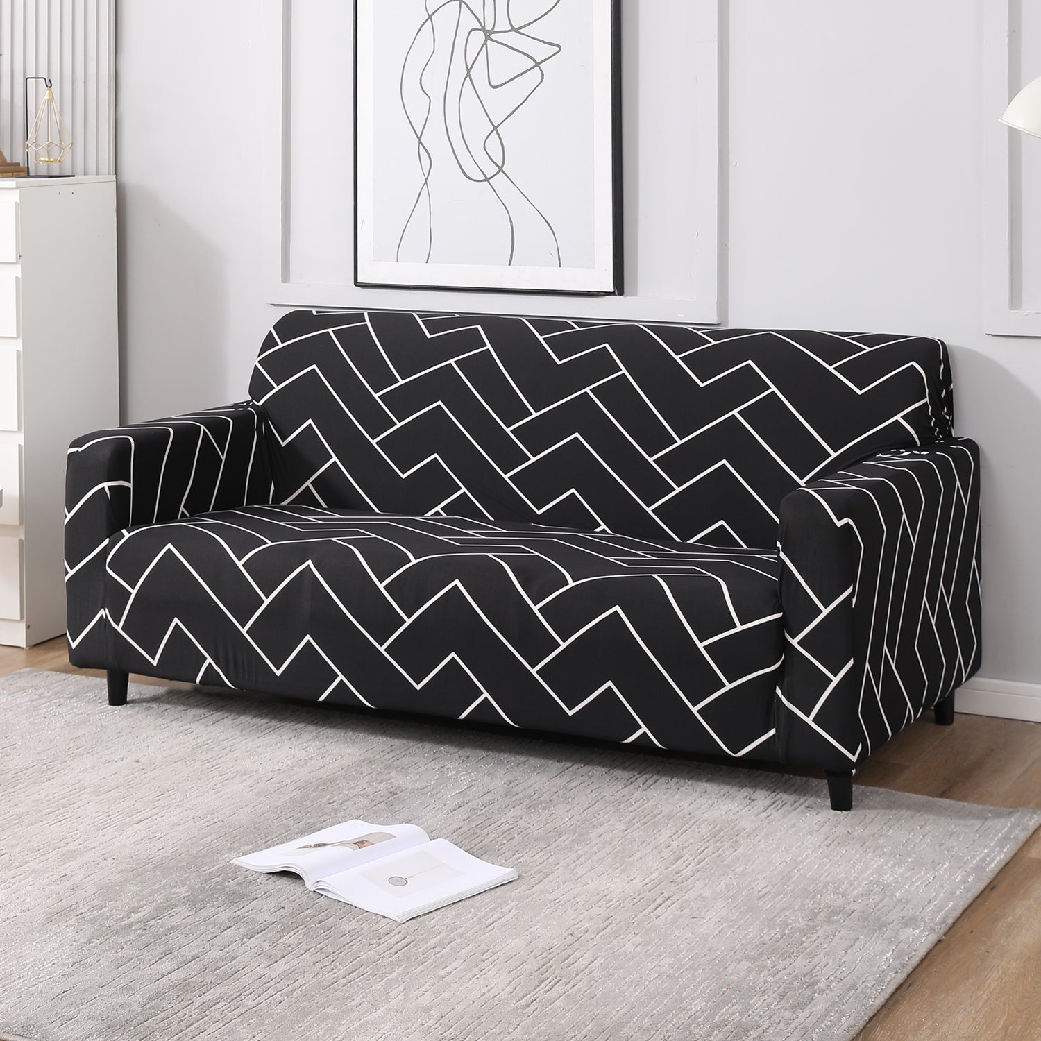 Black Chevron Print elastic 3 seater sofa cover​s