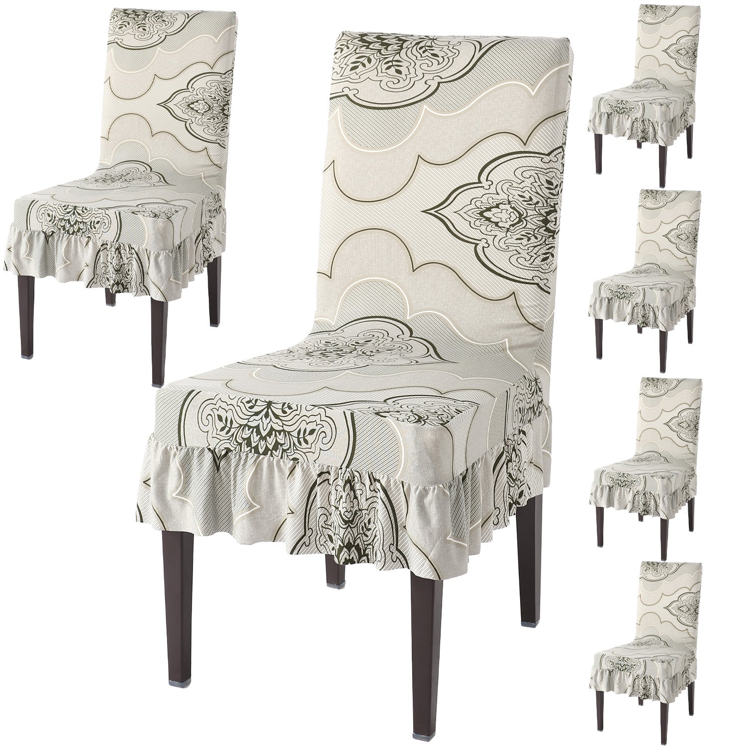 Elastic Stretchable Dining Chair Cover with Frill, Ivory Moroccan Floral