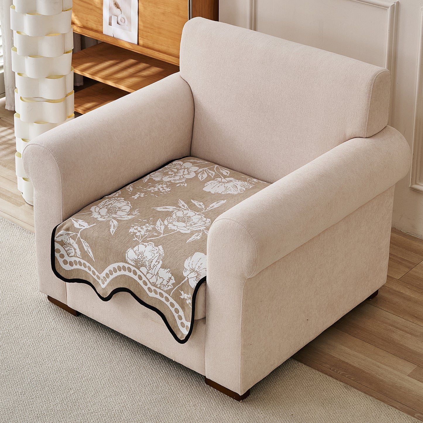 Chenille Sofa Cover Mat with Curvy Edges, 'Retro Curves Series' Sofa Mat, Sand Beige