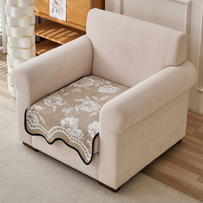 Chenille Sofa Cover Mat with Curvy Edges, 'Retro Curves Series' Sofa Mat, Sand Beige