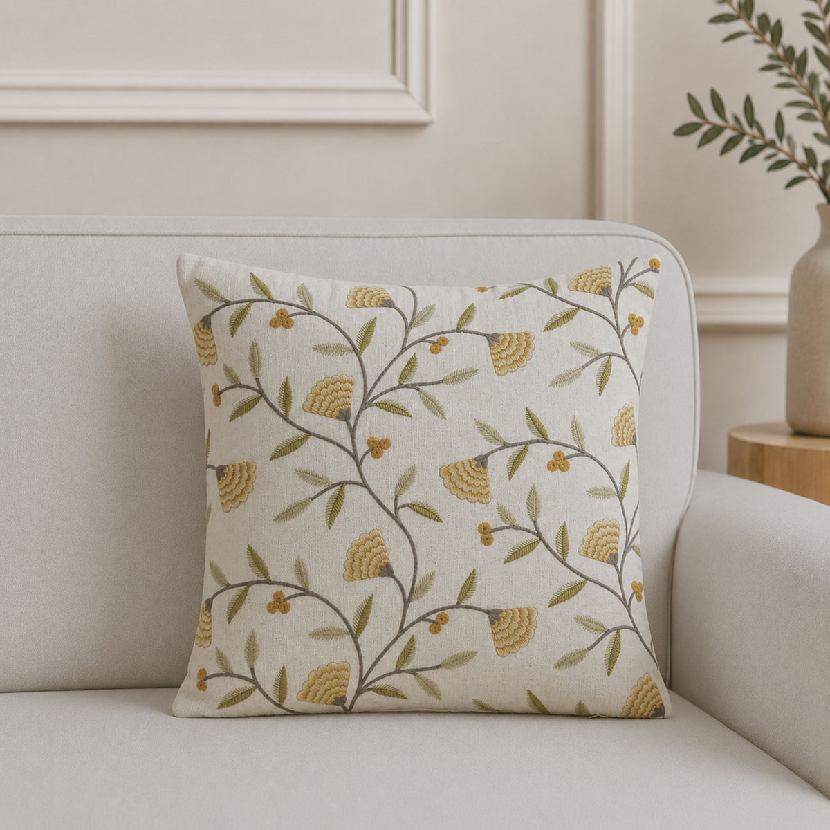 HOKIPO Botanical Embroidered Cushion Cover 16x16 Inch, Mustard