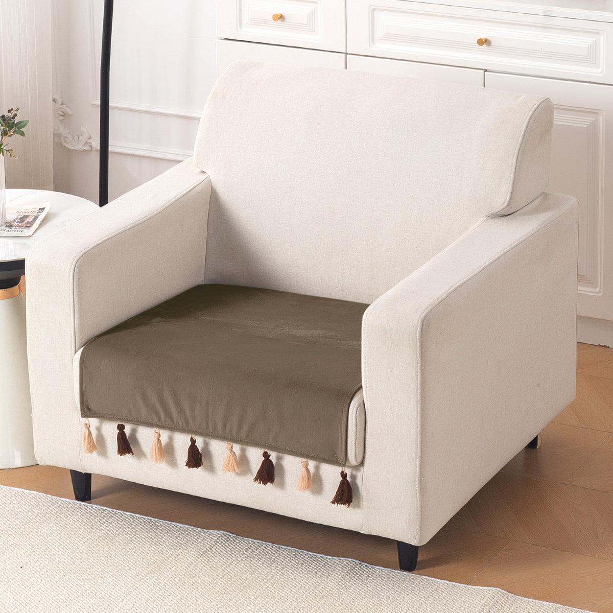Tassel Tone Holland Velvet Sofa Cover Mat, Coffee Brown
