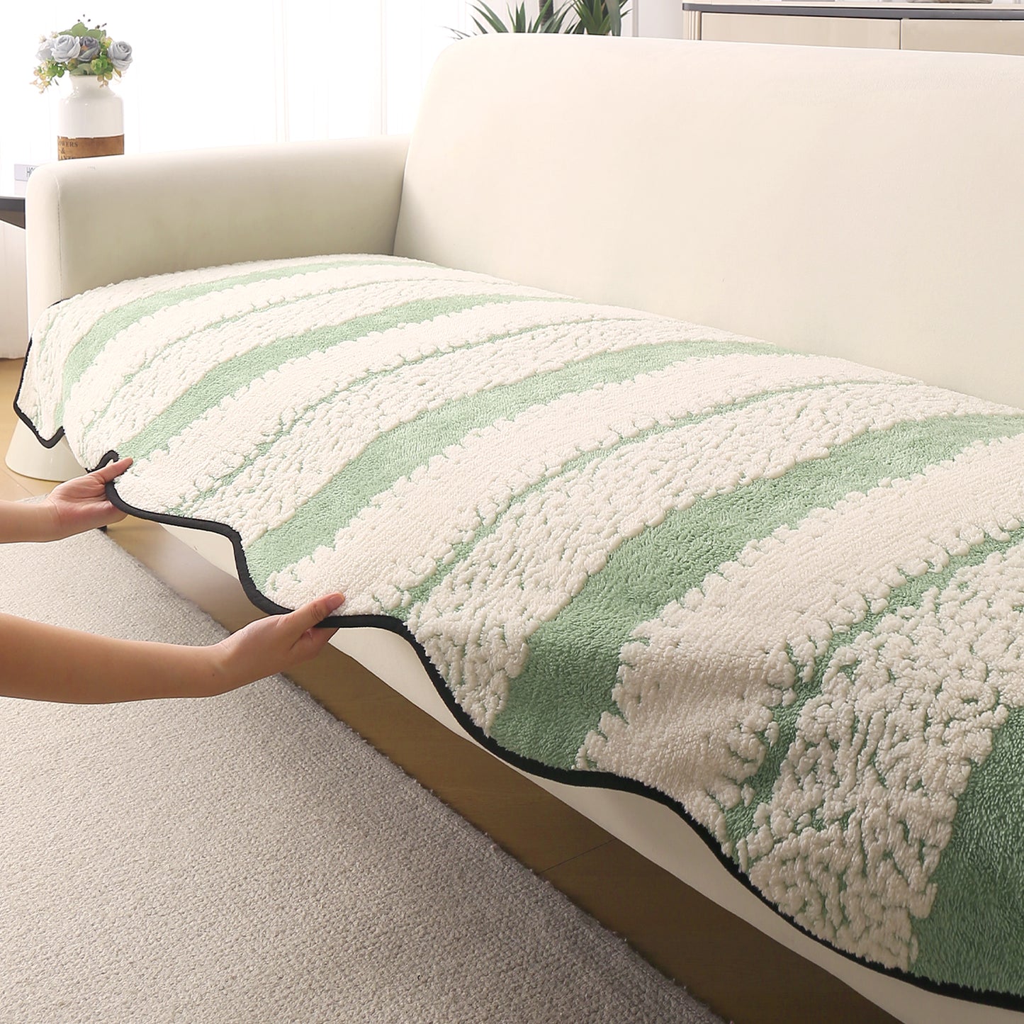 Luxury Wavy Plush Anti-Slip Sofa Cover Mats - Pistachio Green