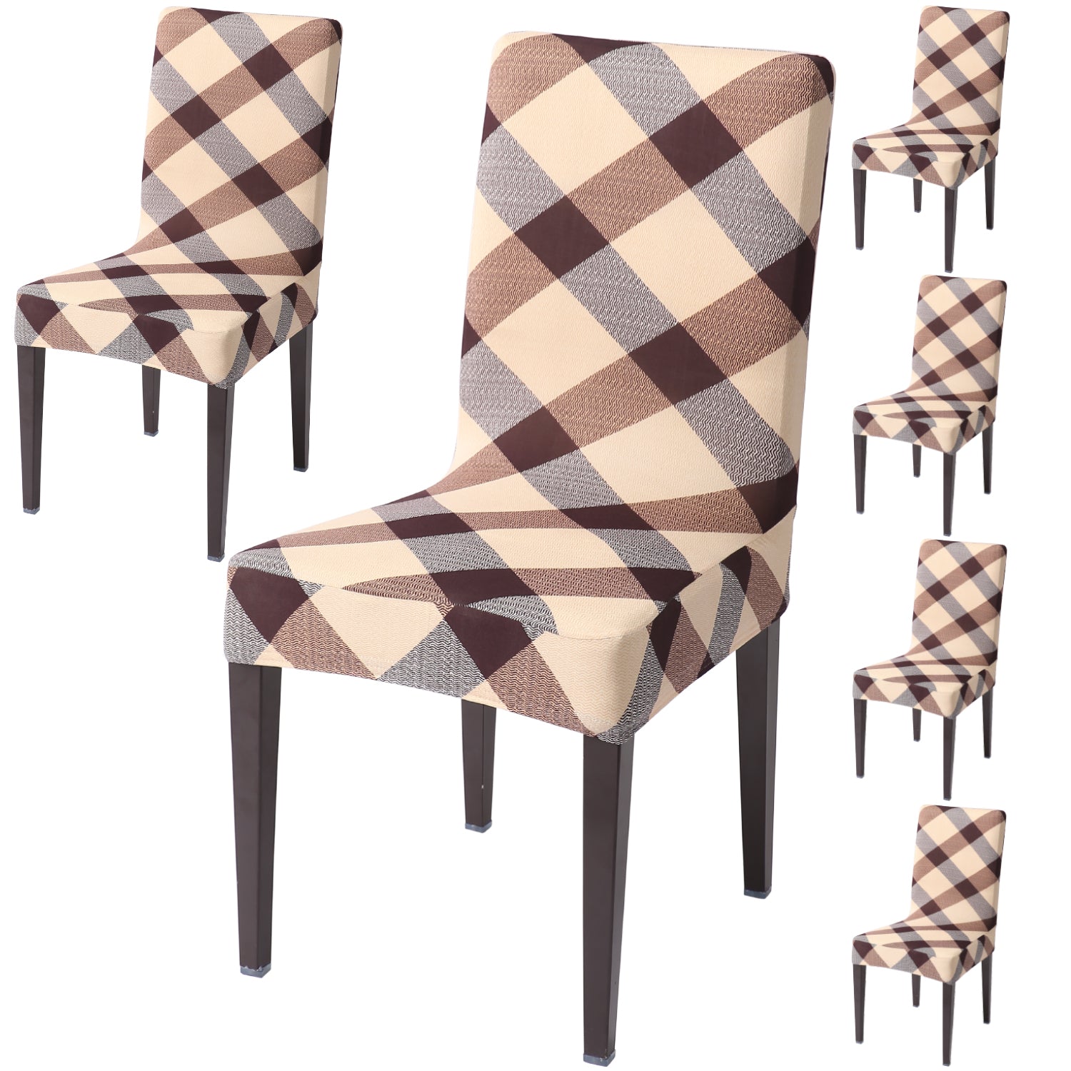 Elastic Stretchable Dining Chair Cover, Beige Checks