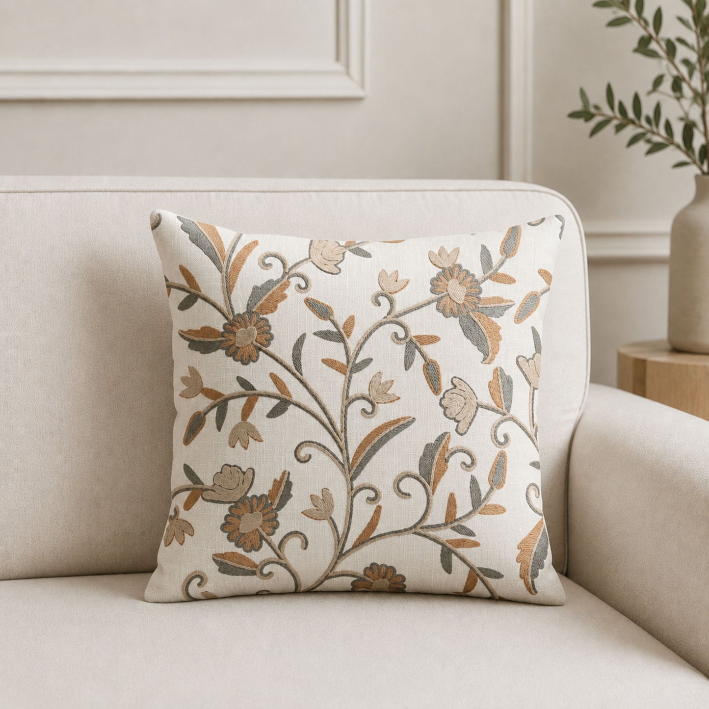 HOKIPO Floral Embroidered Cushion Cover 16x16 in, Ochre & Ivory