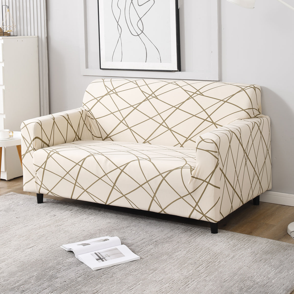 Beige Abstarct Lines Print stretchable two seater sofa cover