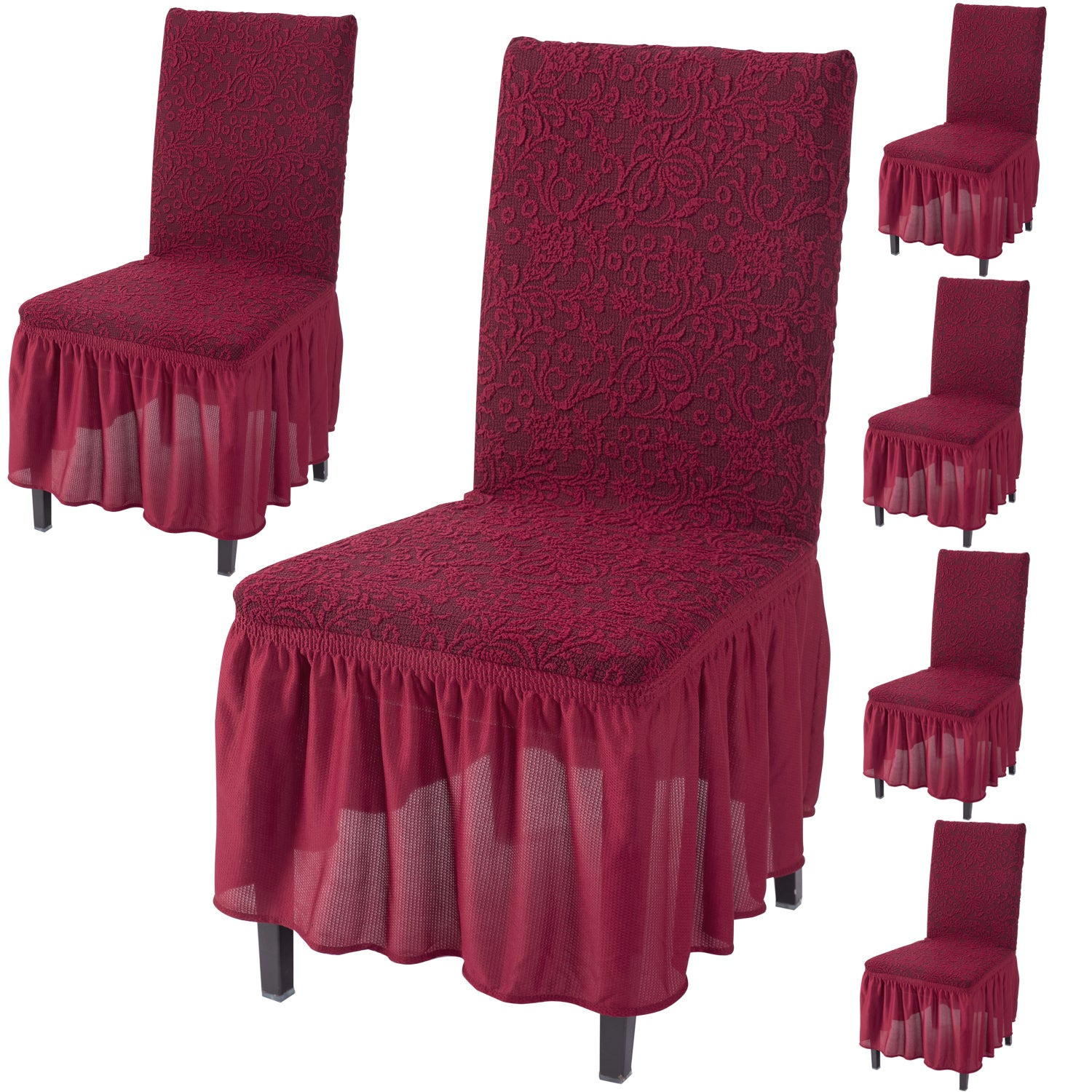 Elastic Stretchable Designer Woven Jacquard Dining Chair Cover with Frill, Wine Red