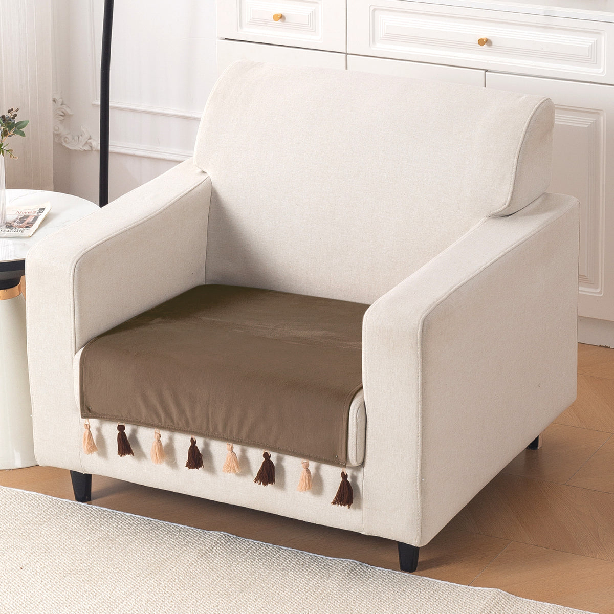 Tassel Tone Holland Velvet Sofa Cover Mat, Warm Taupe