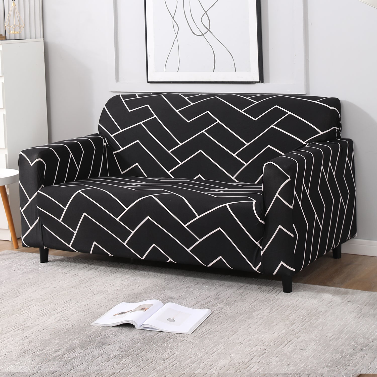 Black Chevron Print non slip elastic 2 seater sofa cover
