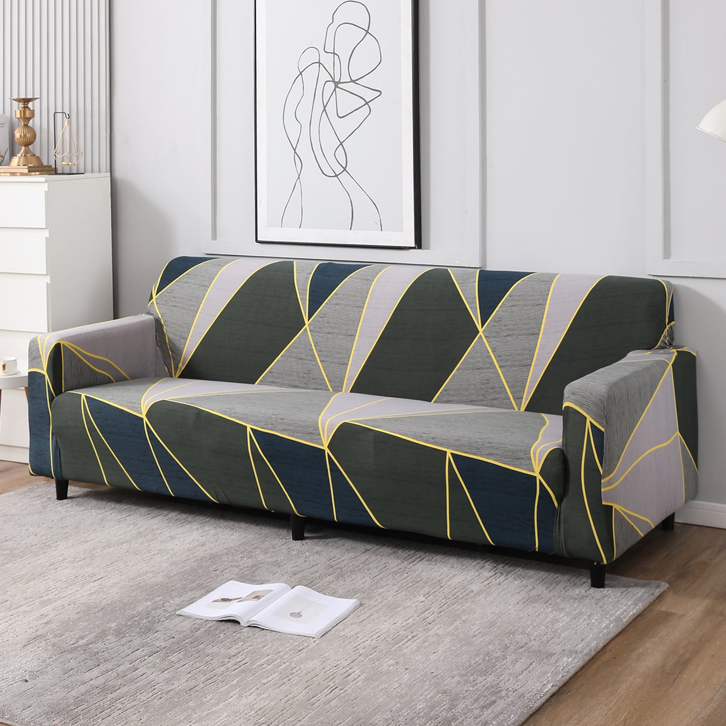 Seaweed Geometric Abstract, non slip, Stretchable 4 seater sofa cover​s