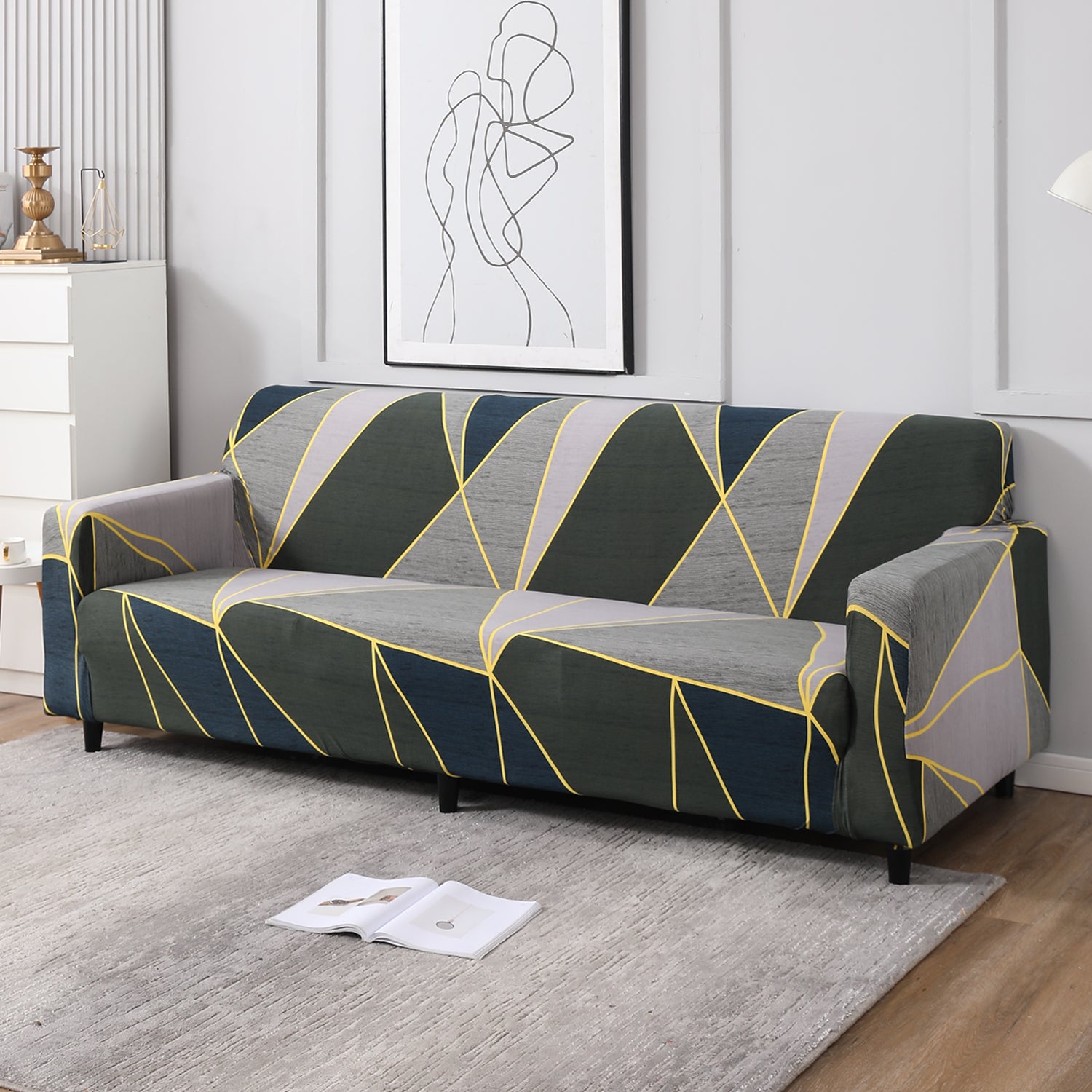 Seaweed Geometric Abstract, non slip, Stretchable 4 seater sofa cover​s