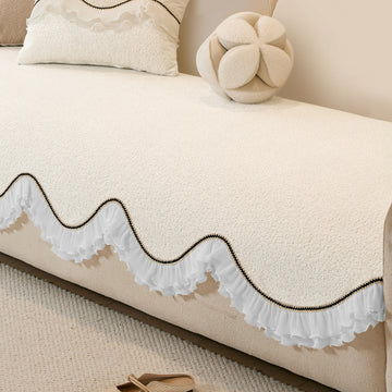 French Classic Frill Wavy Sofa Cover Mat, Snow White Ivory