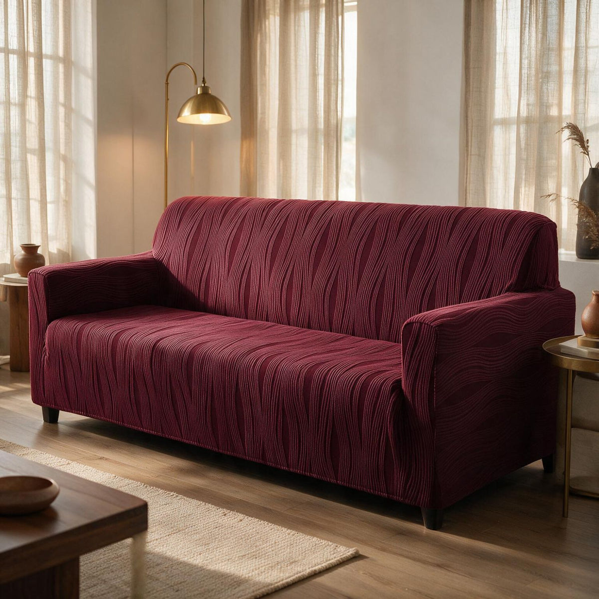 Nestiva Series 200gsm Knitting Jacquard Sofa Cover 1/2/3/4 Seater Fully Covered, Burgundy