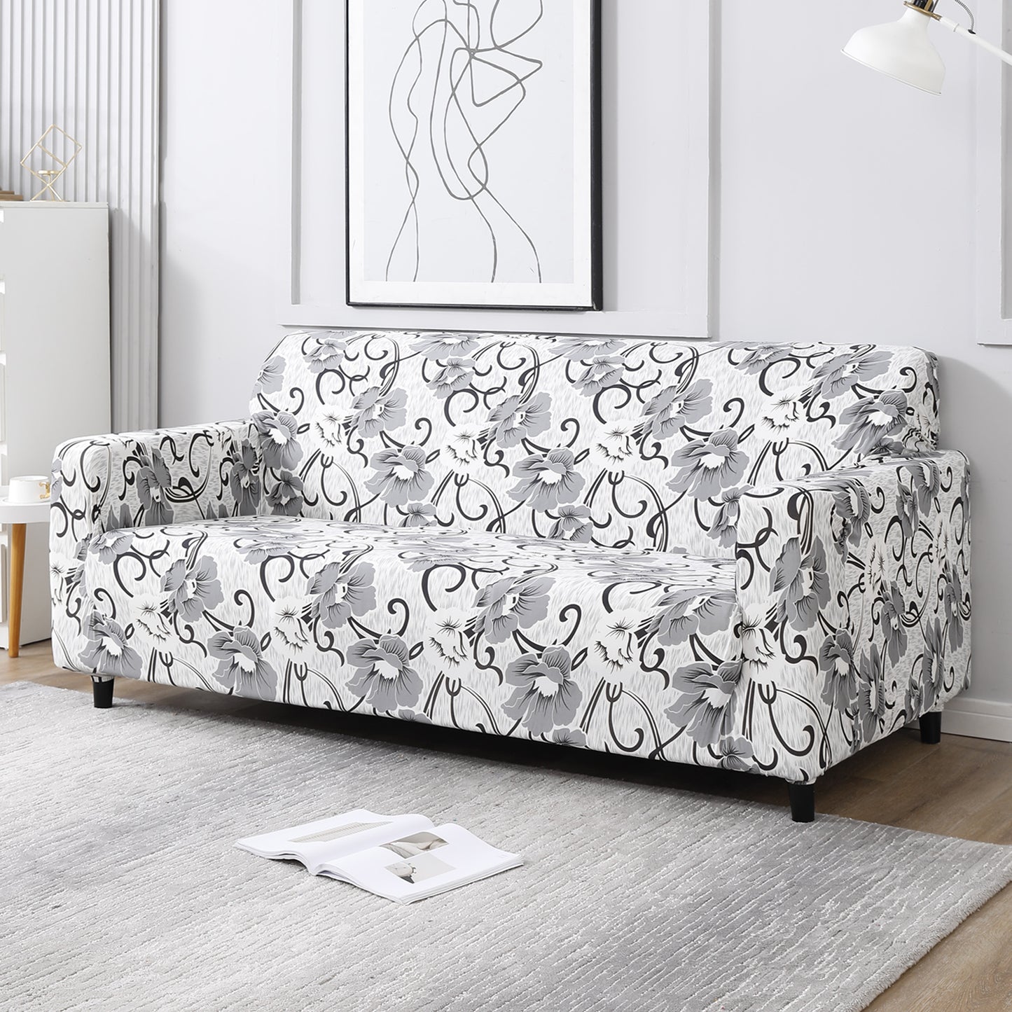 White Grey Flowers Printed stretchable 3 seater sofa cover​s