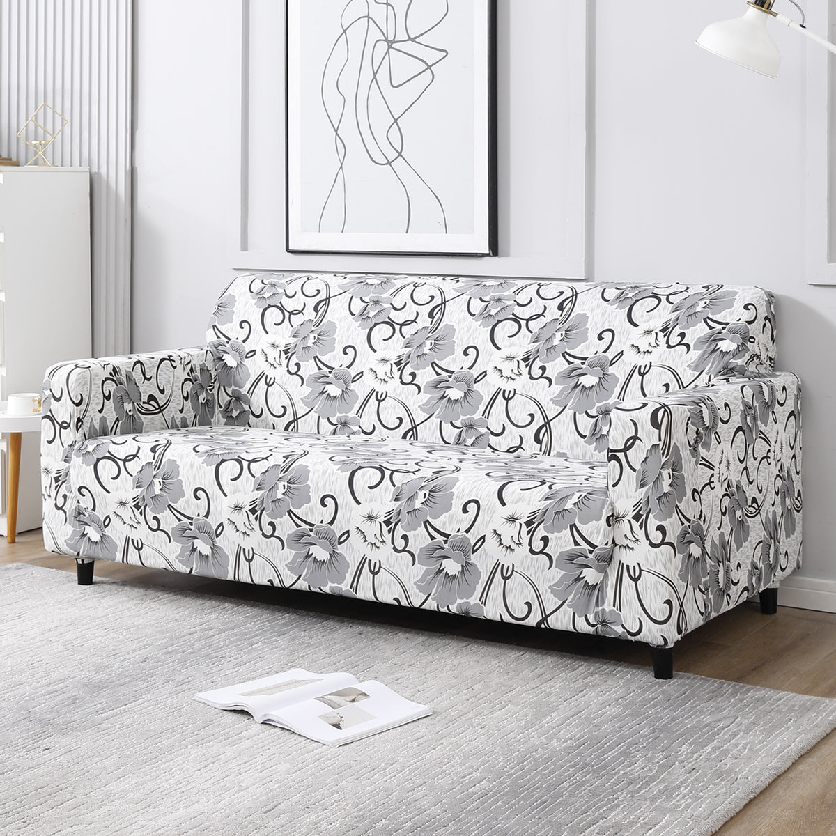 White Grey Flowers Printed stretchable 3 seater sofa cover​s