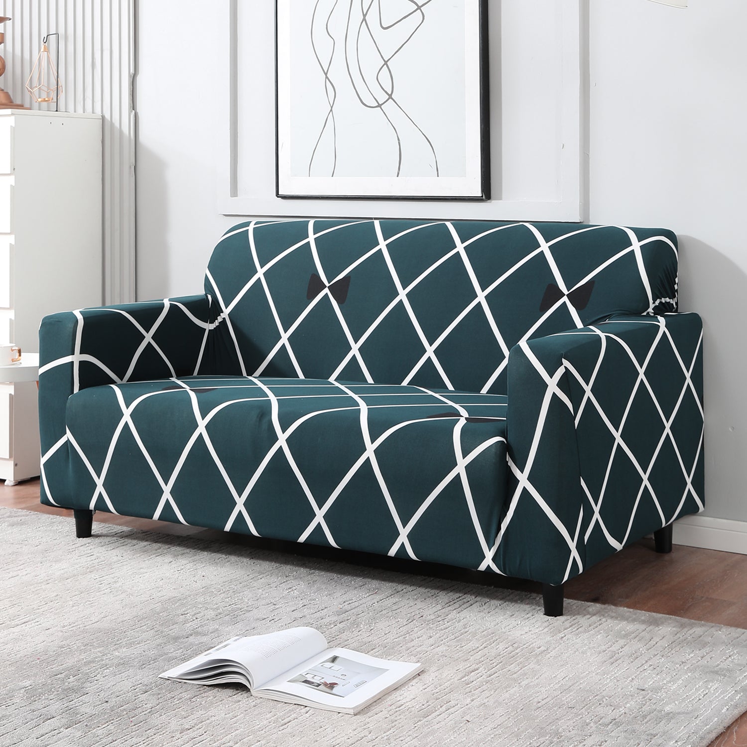 Teal Diamond stretchable two seater sofa cover