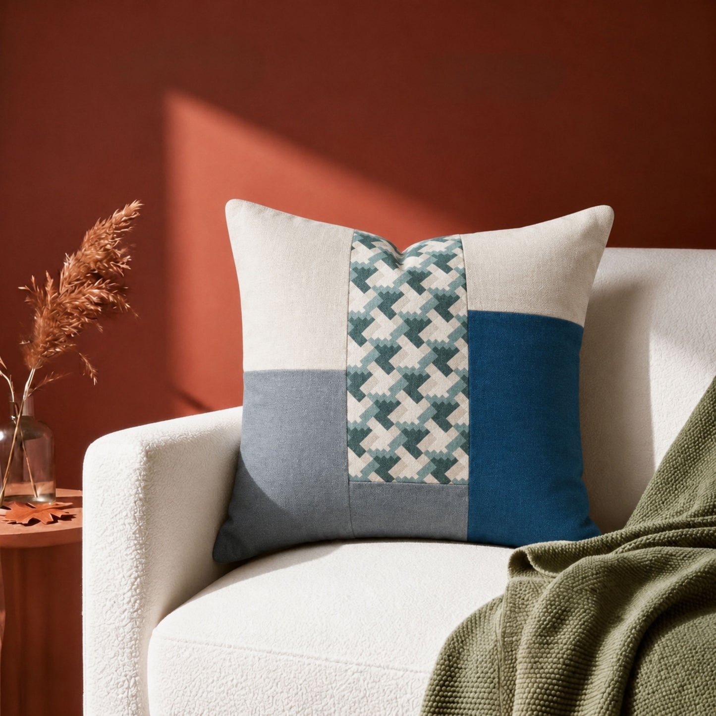 HOKIPO Color Block Geometric Cushion Cover | 16x16 Inch | Modern Throw Pillow Cover, Blue and Ivory