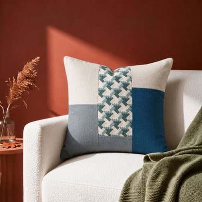 HOKIPO Color Block Geometric Cushion Cover | 16x16 Inch | Modern Throw Pillow Cover, Blue and Ivory