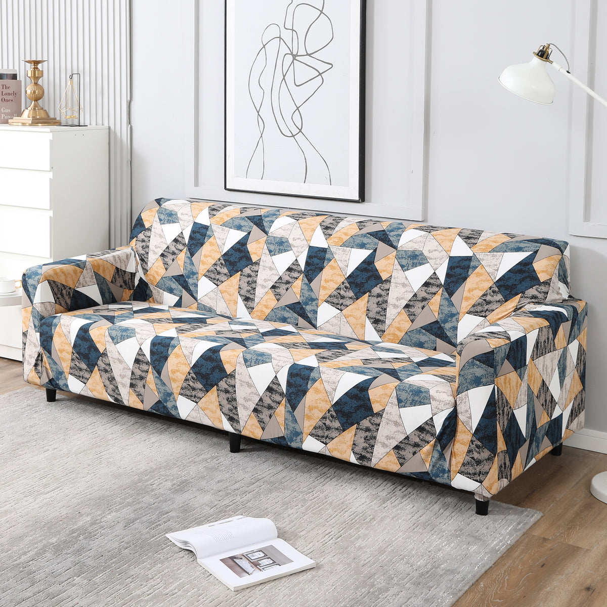 Multicolor Geometric Print full fitted stretchable three seater sofa cover
