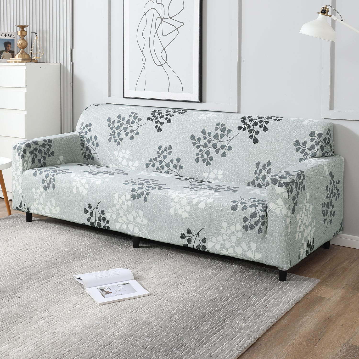 Grey Leaves Printed, non slip, elastic 4 seater sofa cover​s