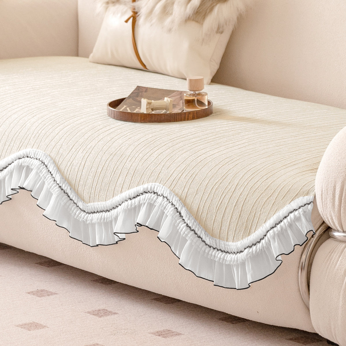 French Lace & Luxe with White Ruffle Edge Sofa Cover Mat, Moonstone Beige