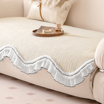 French Lace & Luxe with White Ruffle Edge Sofa Cover Mat, Moonstone Beige