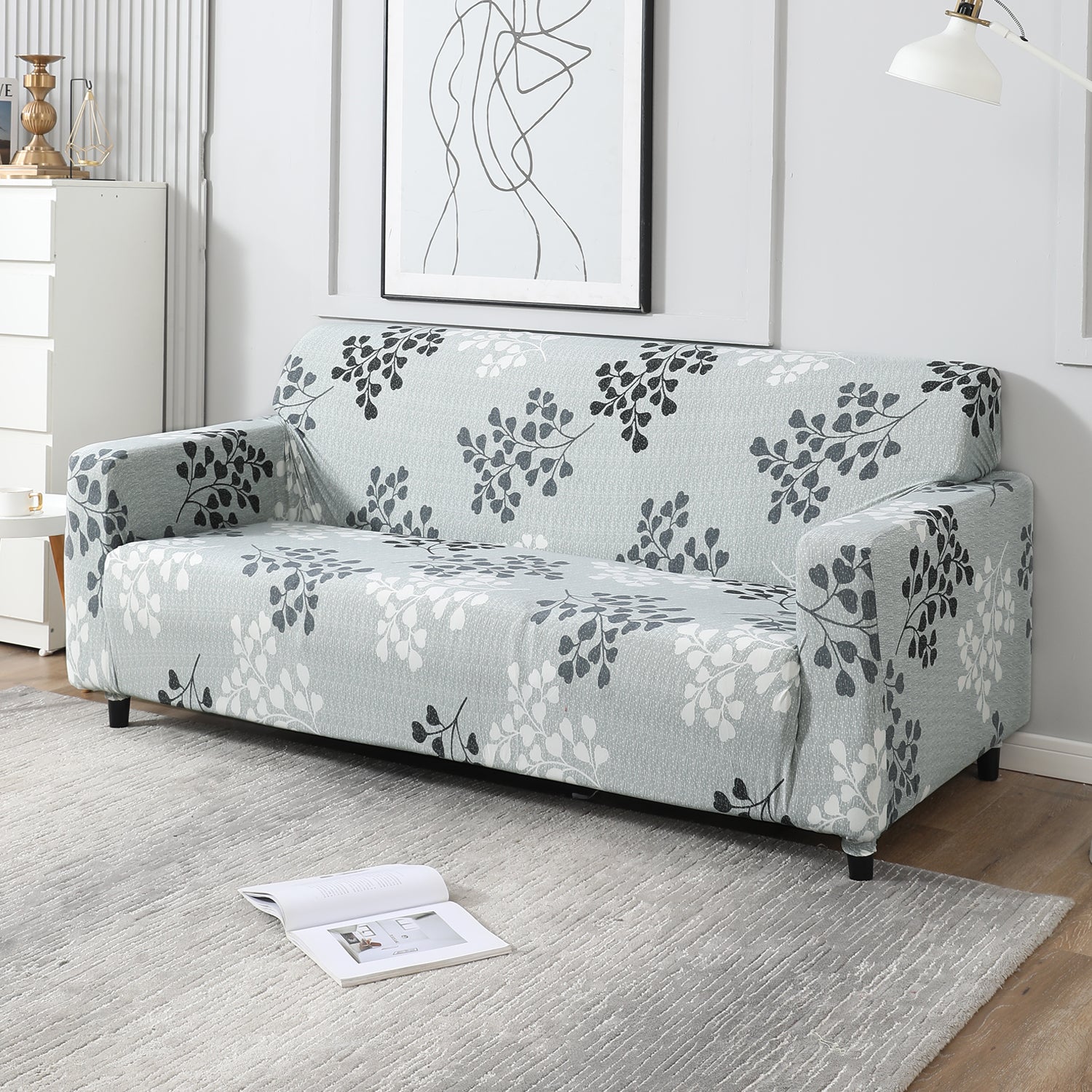 Grey Leaves Printed stretchable 3 seater sofa cover​s