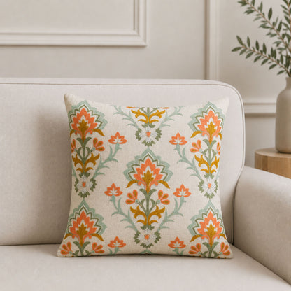 HOKIPO Heritage Bloom Embroidered Cushion Cover 16x16 in, Orange & Ivory
