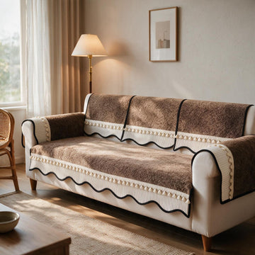 'Wavy Royale Series' Thick Woven Weave Chenille Sofa Cover with Tassel, Chestnut Brown