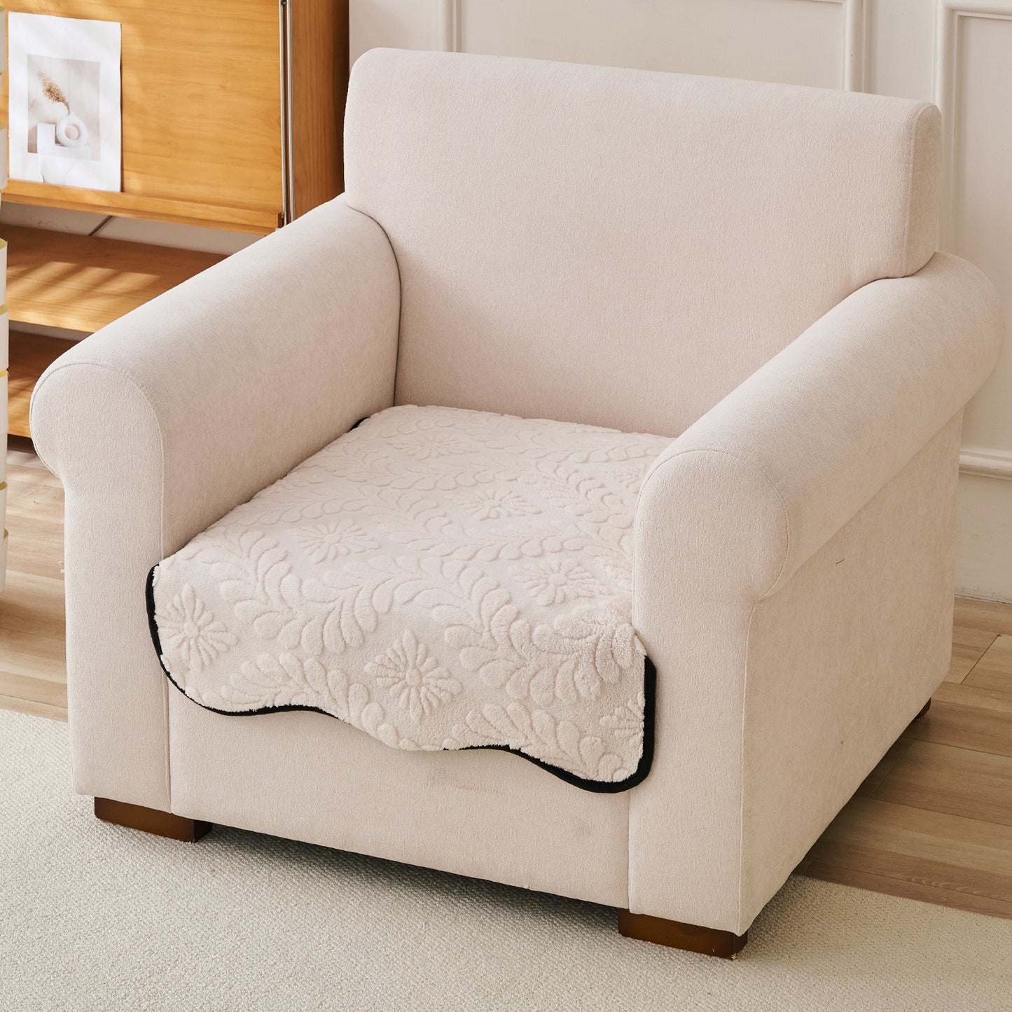 Embossed Floral Jacquard Anti-Slip Sofa Cover Mat, 'Wavy Petal Crest Series' Light Cream