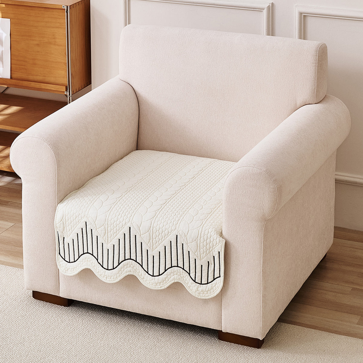 Cotton Reverie with a Curved Wavy Edge Sofa Mat, Midnight Cream