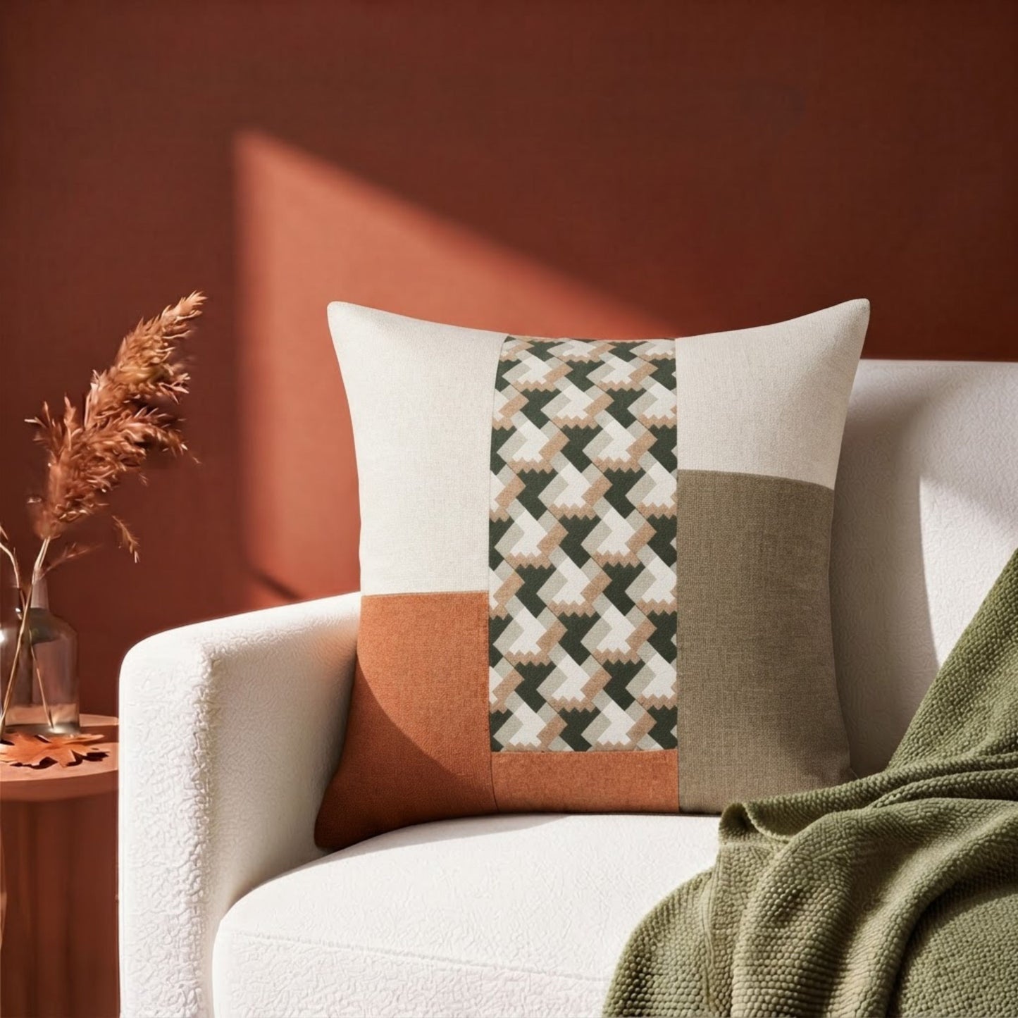 HOKIPO Color Block Geometric Cushion Cover | 16x16 Inch | Modern Throw Pillow Cover, Ochre & Beige