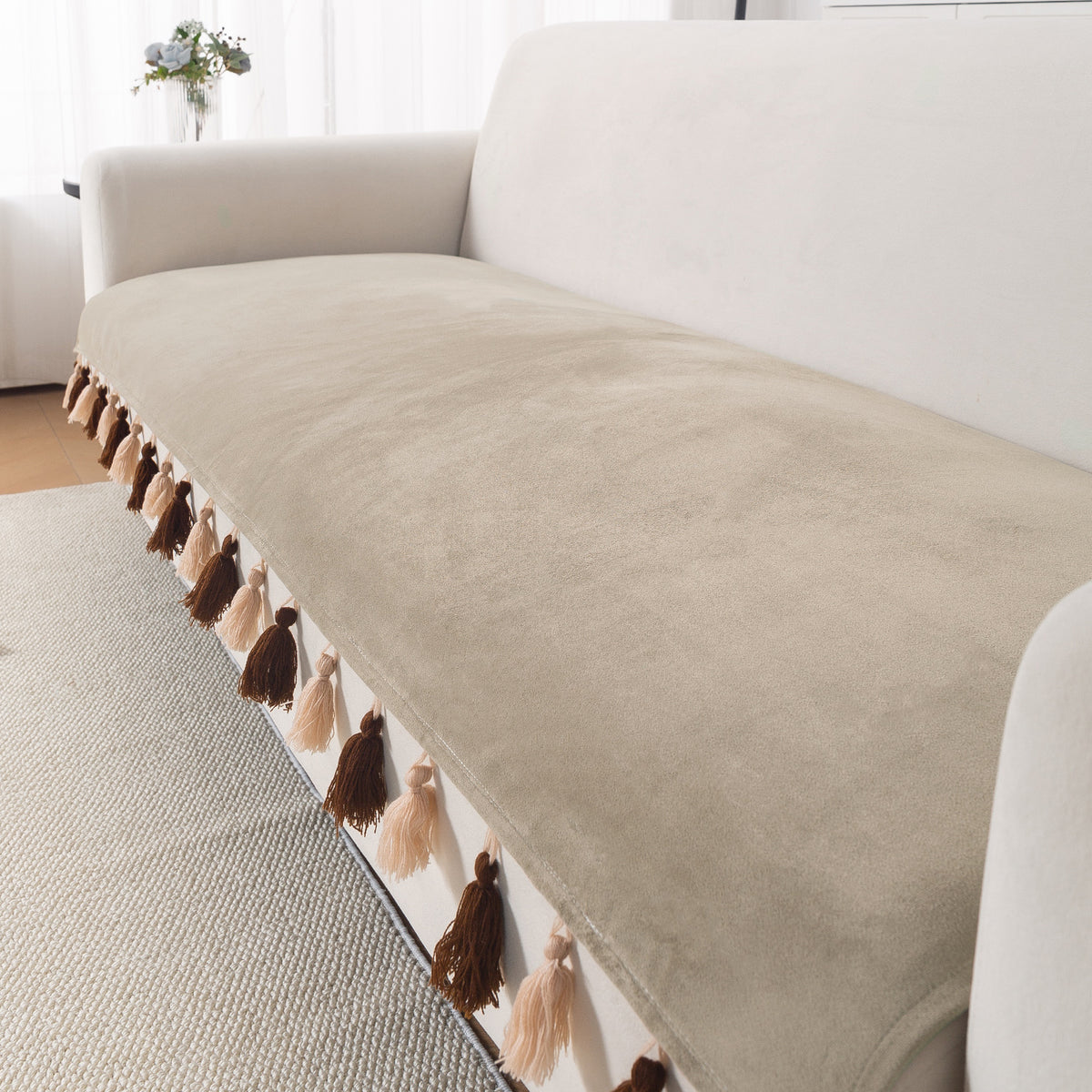 Tassel Tone Holland Velvet Sofa Cover Mat, Sand Beige