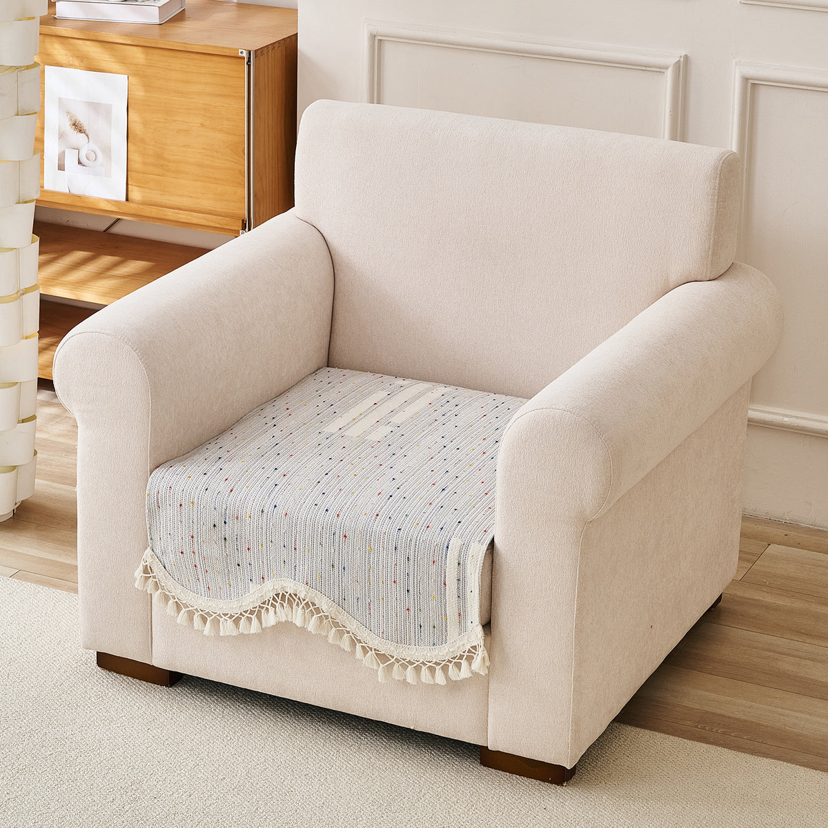DreamWave Chenille with Tassels Sofa Cover Mat, Pearl Grey