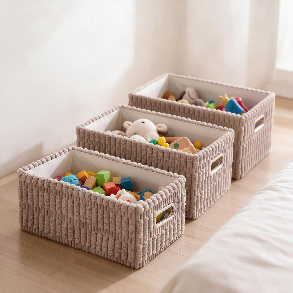 Plush Storage Organizer Baskets for Storage, Set of 3, Light Brown