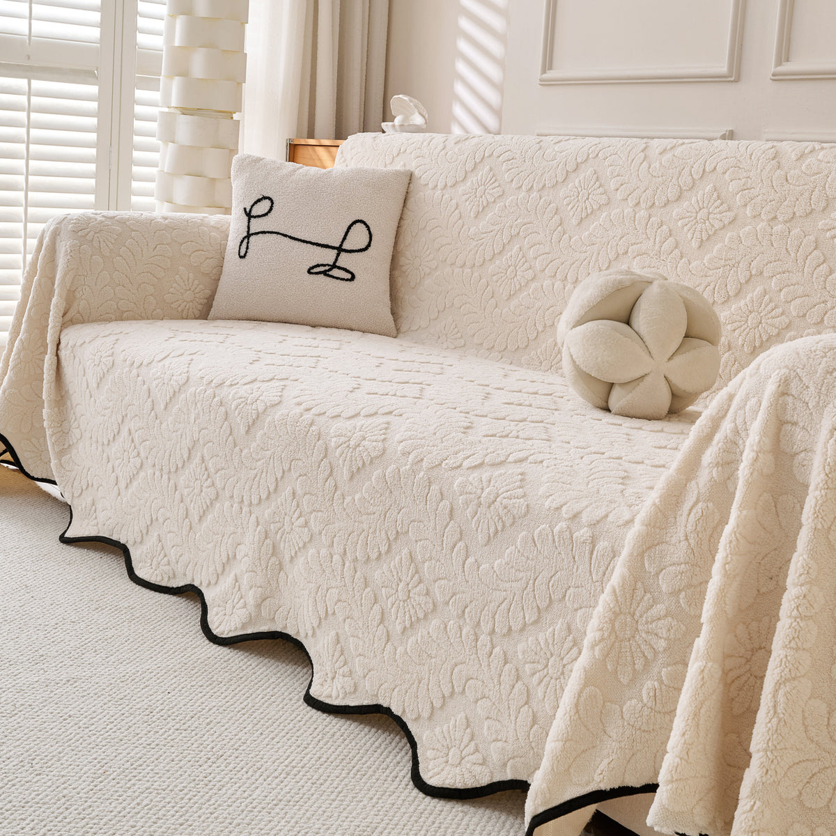 Buy Light Cream Colour Wavy Petal Crest Series Plush Sofa Throw | HOKIPO