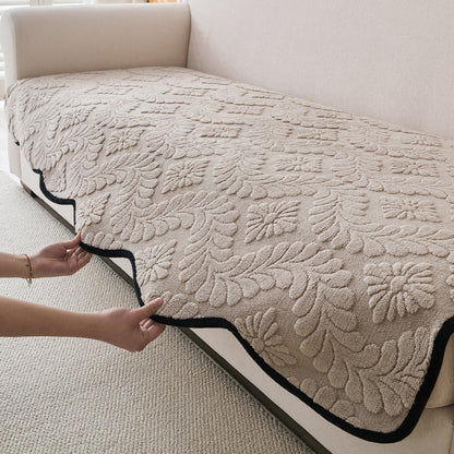 Embossed Floral Jacquard Anti-Slip Sofa Cover Mat, 'Wavy Petal Crest Series' Soft Brown