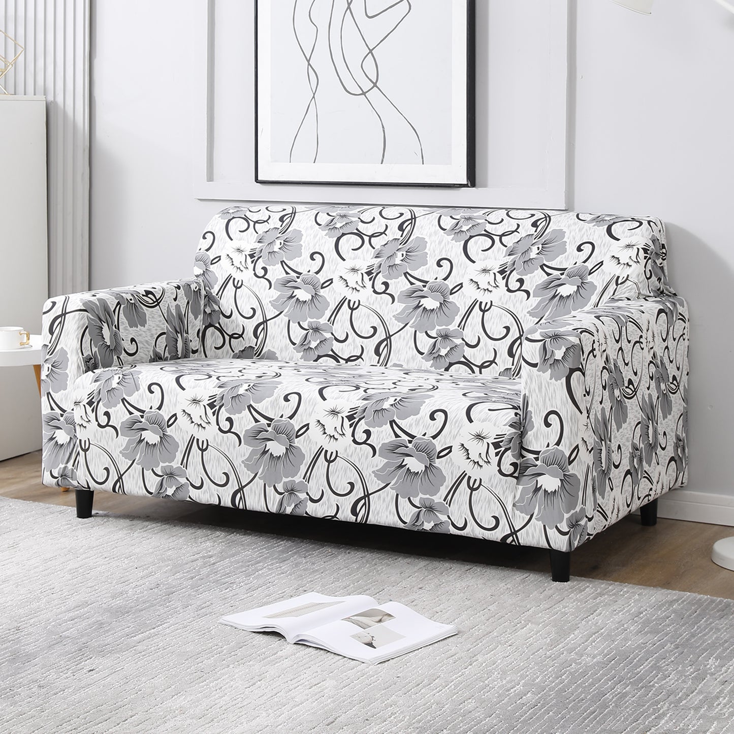 White Grey Flowers Printed non slip elastic 2 seater sofa cover