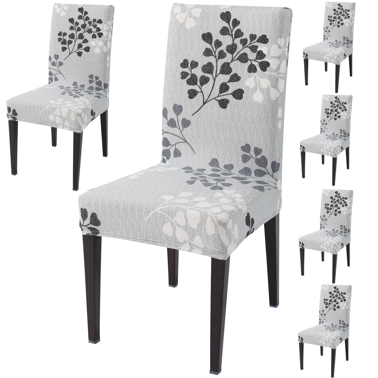 Elastic Stretchable Dining Chair Cover, Grey Leaves